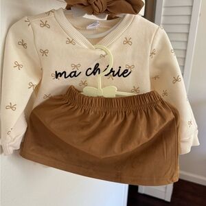 Cream 'ma chérie' Bow Print Top with Brown Skirt Set